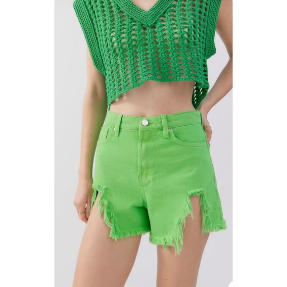 Urban Outfitters BDG Chewed A-Line Neon Lime Green Highwaist Cutoff Denim Short - Picture 1 of 12